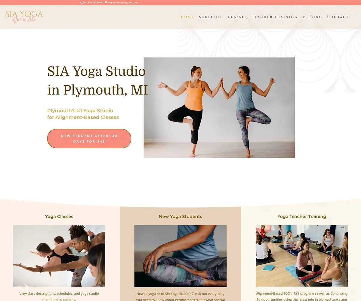 SIA Yoga studio Plymouth Michigan website design